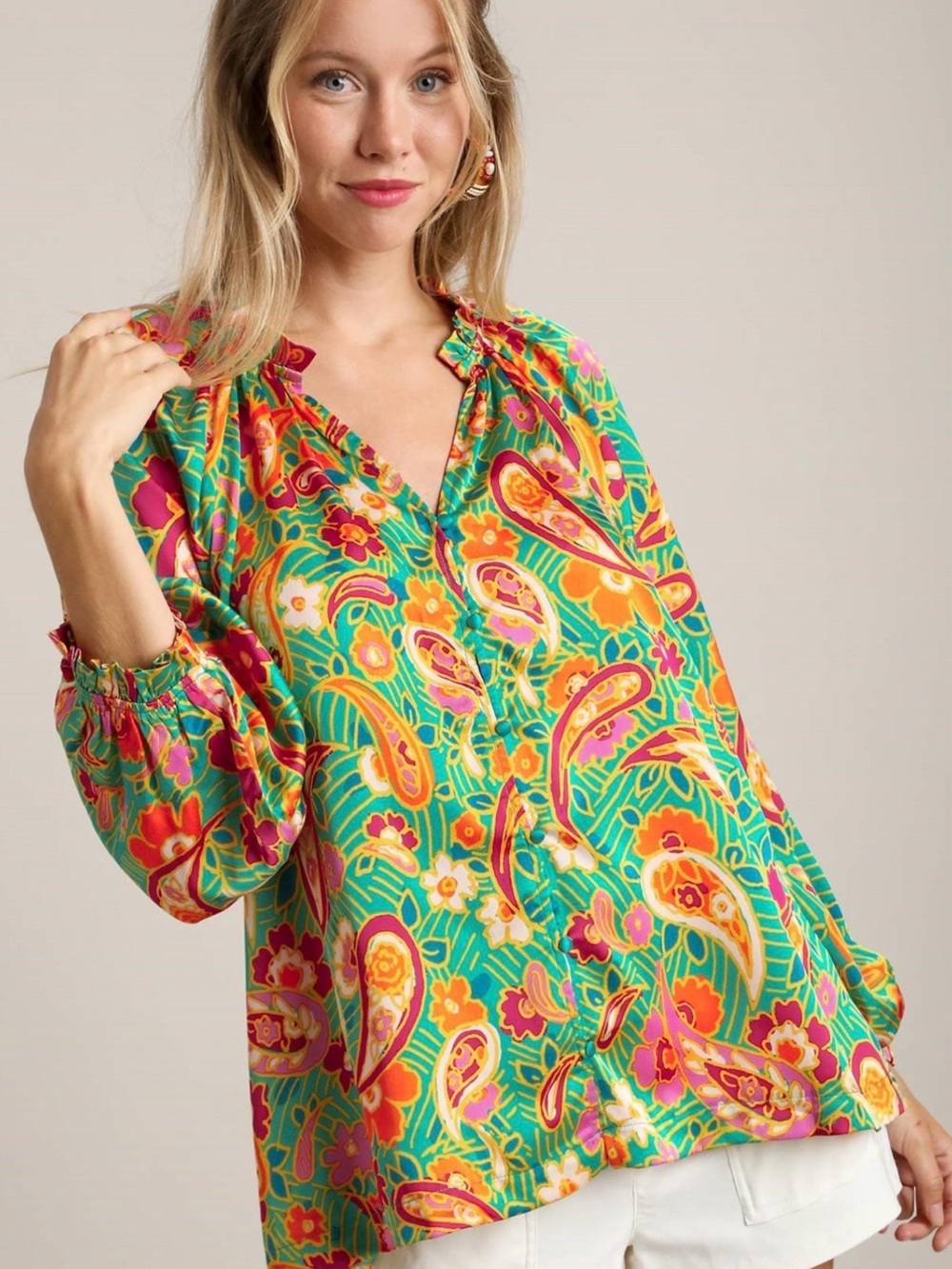 Umgee Green Paisley Floral V-Neck Blouse with Pink & Orange Accents